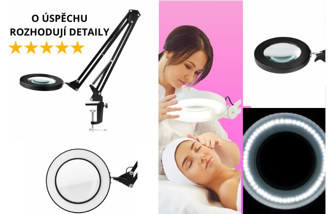 Žena provádí kosmetické ošetření s pomocí bílé kosmetické lampy s lupou, ideální pro detailní práci v kosmetických salonech